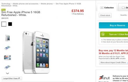 Refurbished iPhone 5 16GB unlocked £374.95 @ Argos
